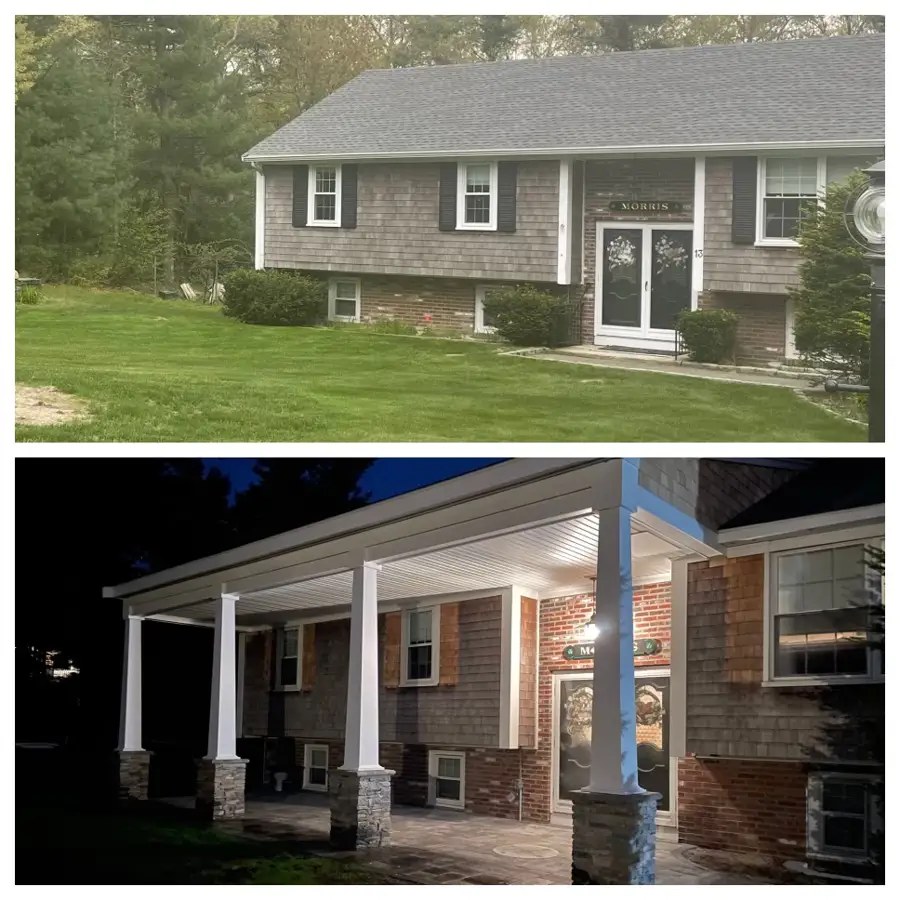 Split-level home exterior by day and evening after renovation